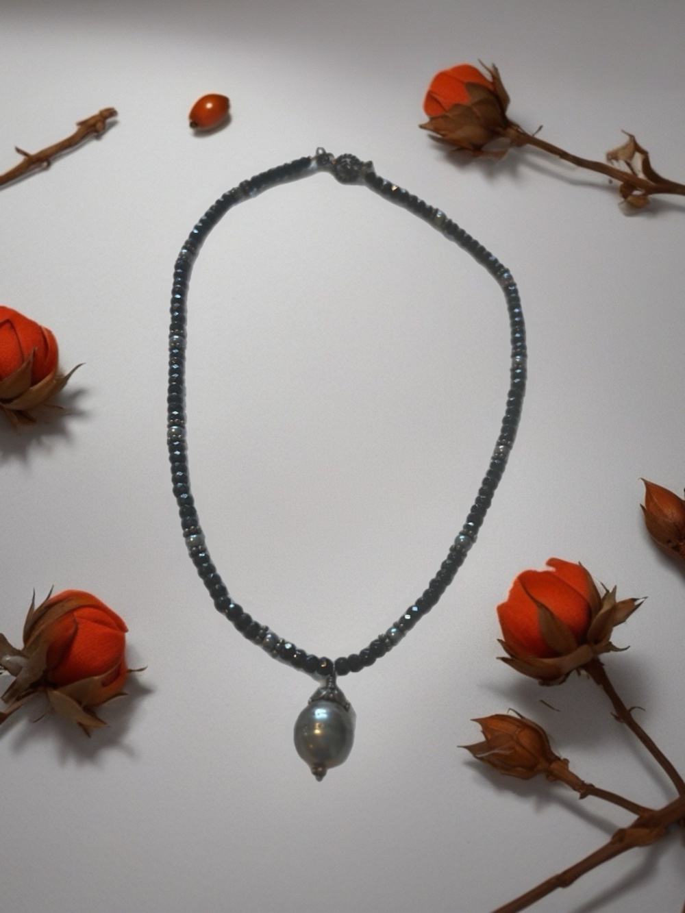 16” Black Spinel, and Sterling Beaded Choker With Large Fresh Water Gray Pearl